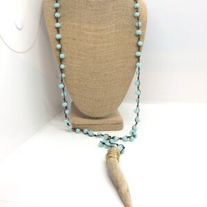 SUSAN SHAW ANTLER BLUE NECKLACE BOHO BEADS KNOTTED BROWN CORD LONG MALA STYLE